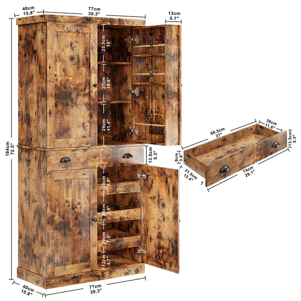 Kitchen Pantry Cabinet 72" Freestanding with Drawer & Sliding Racks