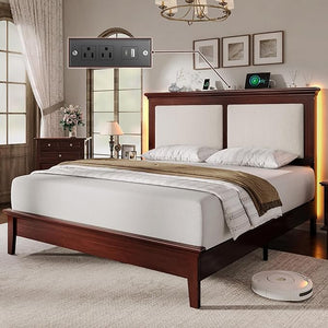 Wood Bed Frame with LED Headboard & Charging Station