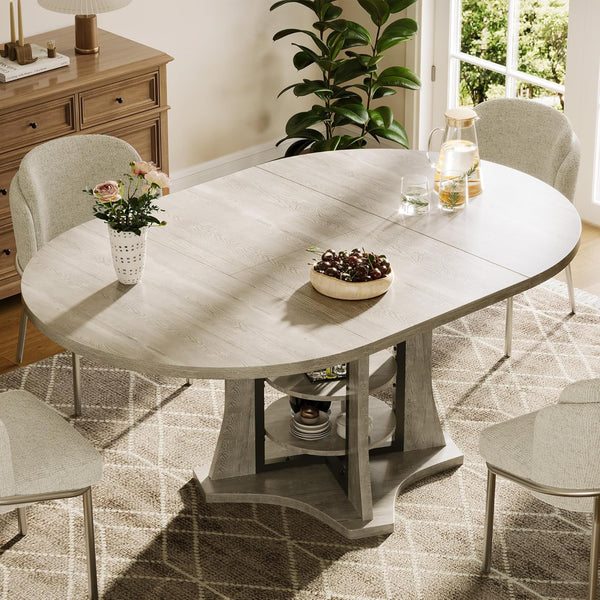 Expandable Round to Oval Dining Table with 2-Tier Storage Shelves