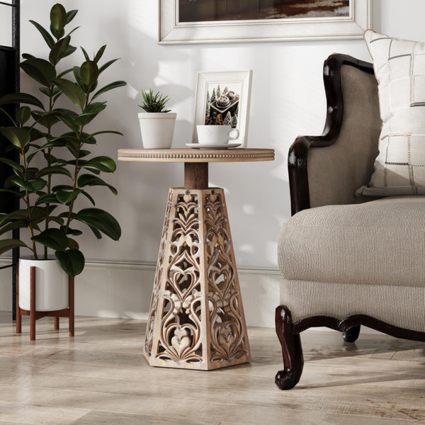 Round Carved Floral End Table – Rustic Farmhouse Accent Table