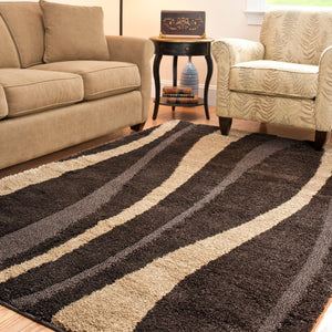 8x10 Cream & Dark Brown Shag Area Rug – Non-Shedding Plush Pile