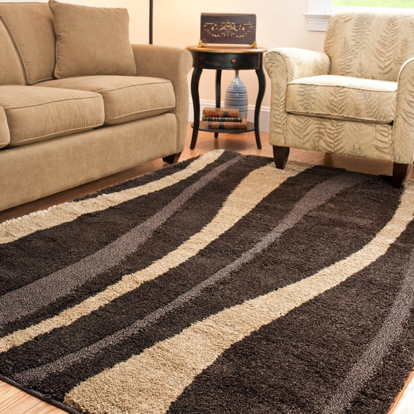 8x10 Cream & Dark Brown Shag Area Rug – Non-Shedding Plush Pile