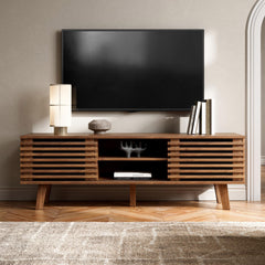 Furniway Mid Century Modern TV Stand for 50/55/60 inch TV, Entertainment Center with Storage & Sliding Door, Wood Media Console, TV Stand for Living Room, Bedroom, Walnut
