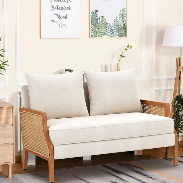 Mid-Century Modern Loveseat with Natural Rattan Arms