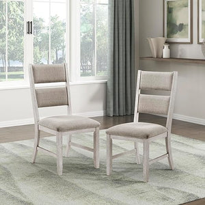 Upholstered Dining Bench with Wood Frame – Light Gray Fabric, Antique White Finish