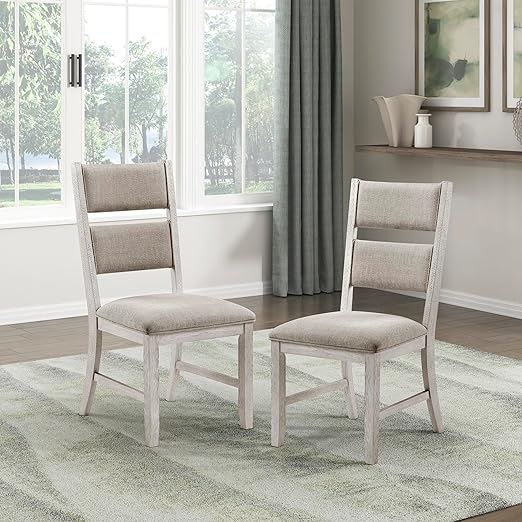 Upholstered Dining Bench with Wood Frame – Light Gray Fabric, Antique White Finish