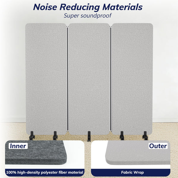 3-Panel Foldable Room Divider with Wheels, 71"W x 66"H
