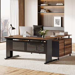 L-Shaped Executive Desk with File Cabinet and Storage Shelves