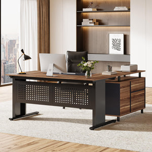 L-Shaped Executive Desk with File Cabinet and Storage Shelves