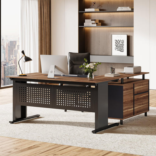 L-Shaped Executive Desk with File Cabinet and Storage Shelves