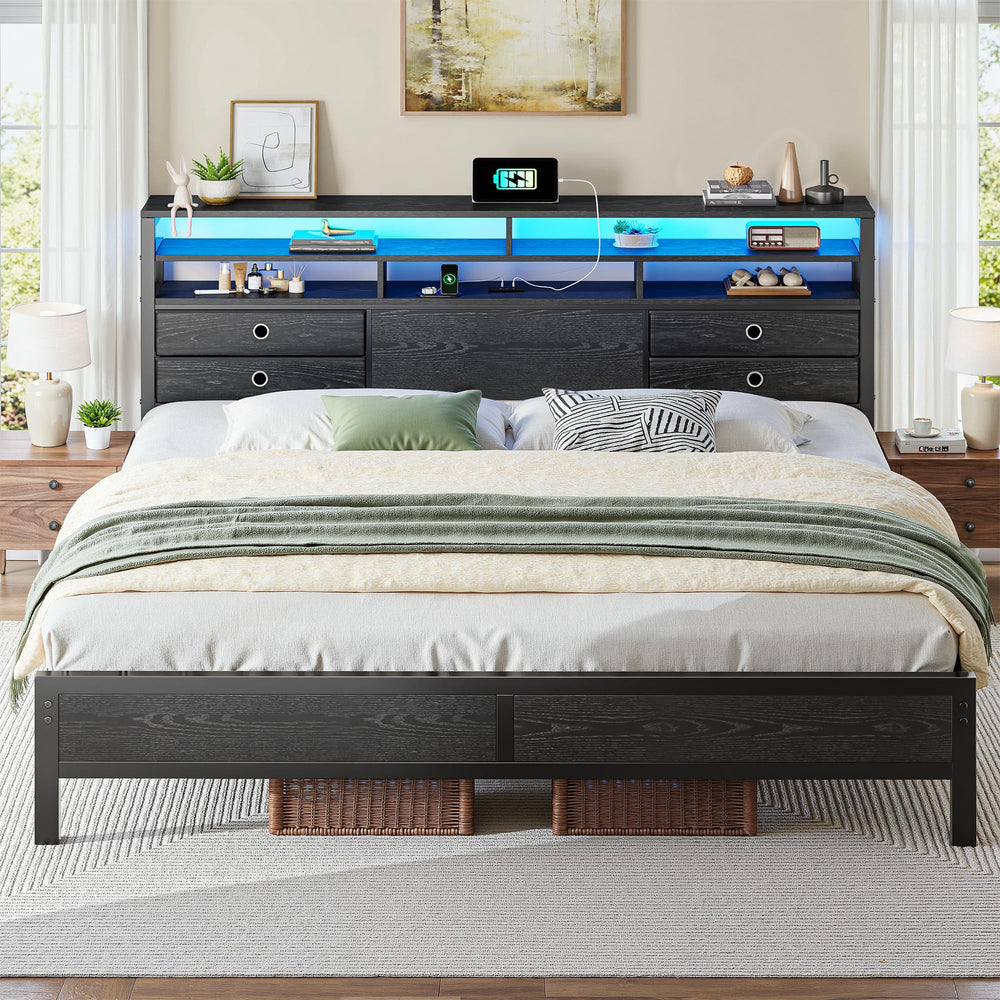 King Size Bed Frame with LED Lights, Storage Headboard & Charging Ports