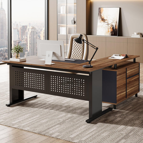 L-Shaped Executive Desk with File Cabinet and Storage Shelves