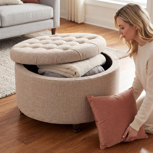28" Round Storage Ottoman with Wooden Legs