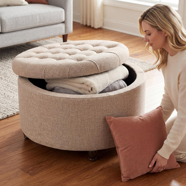 28" Round Storage Ottoman with Wooden Legs