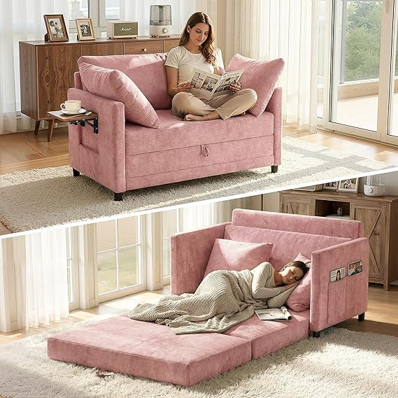 Convertible Loveseat Sofa Bed with Foldable Side Table