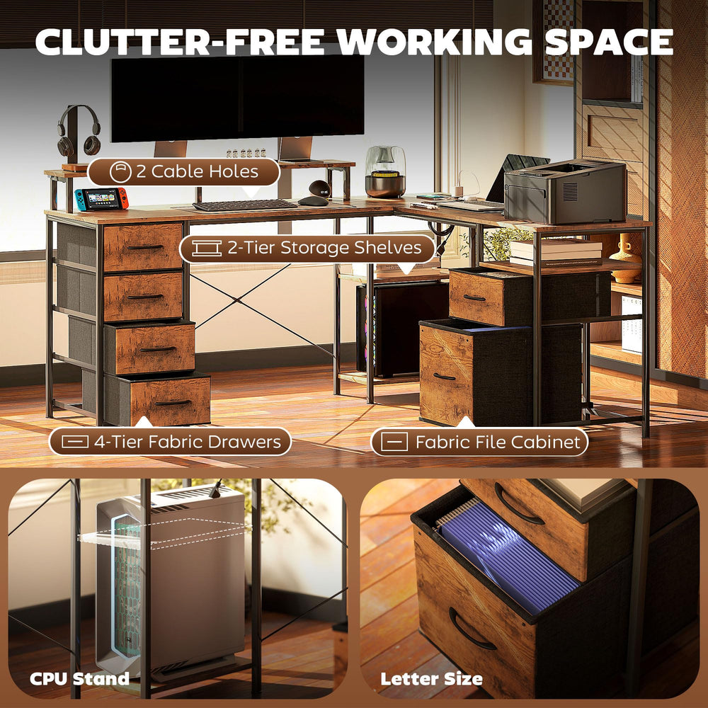 L-Shaped Computer Desk with File Cabinet, Power Outlets & LED Lights