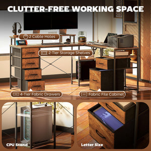 L-Shaped Computer Desk with File Cabinet, Power Outlets & LED Lights