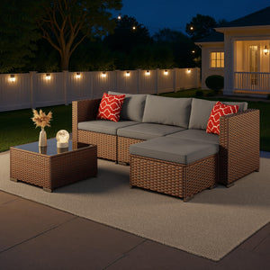 5-Piece Outdoor Wicker Sectional Patio Set with Cushions & Glass Table