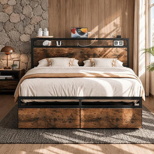 King Bed Frame with Storage Headboard, 2 Drawers & Charging Station