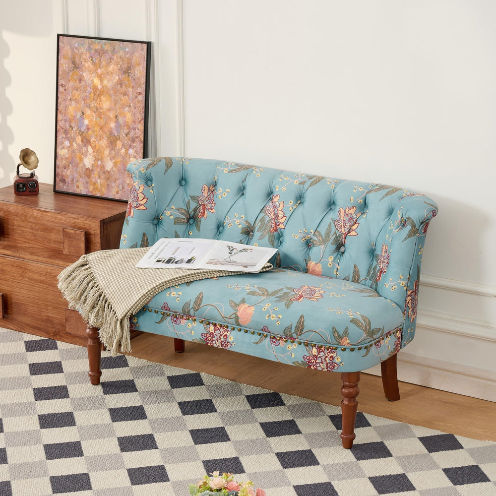Victorian Armless Loveseat with Tufted Back & Solid Wood Legs – Floral Blue