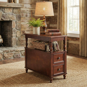 Wood End Table with 2 Drawers and Storage Shelf