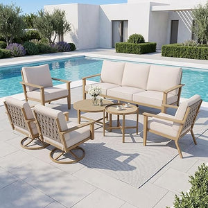 Outdoor Patio Conversation Set with Sofa, Swivel Chairs & Nested Table