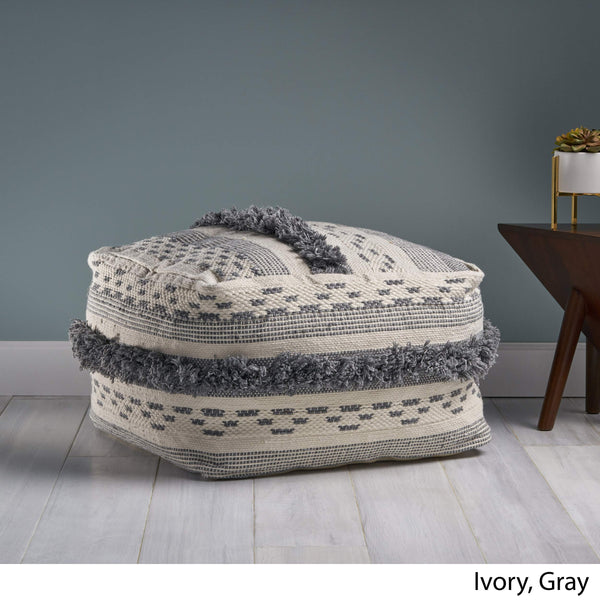 Handmade Boho Wool Cotton Pouf Ottoman with Fringe Trim