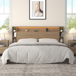 Headboard with Shelves, Charging Station & LED Light