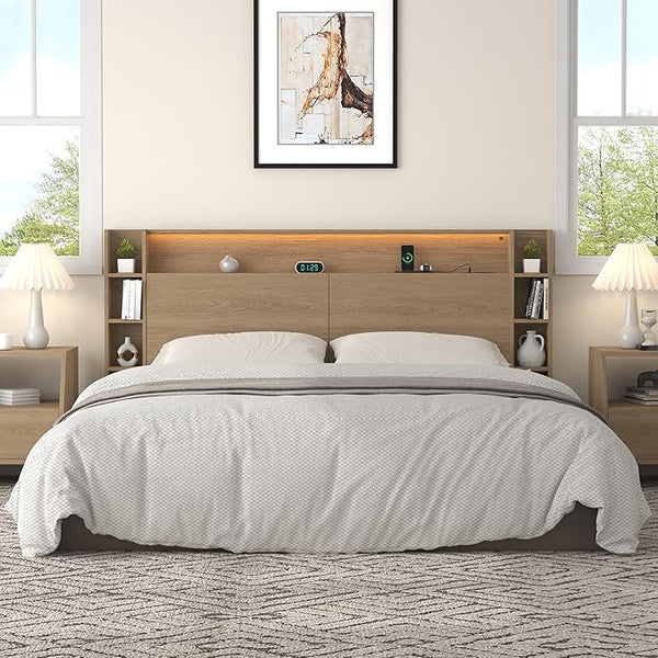 Headboard with Shelves, Charging Station & LED Light