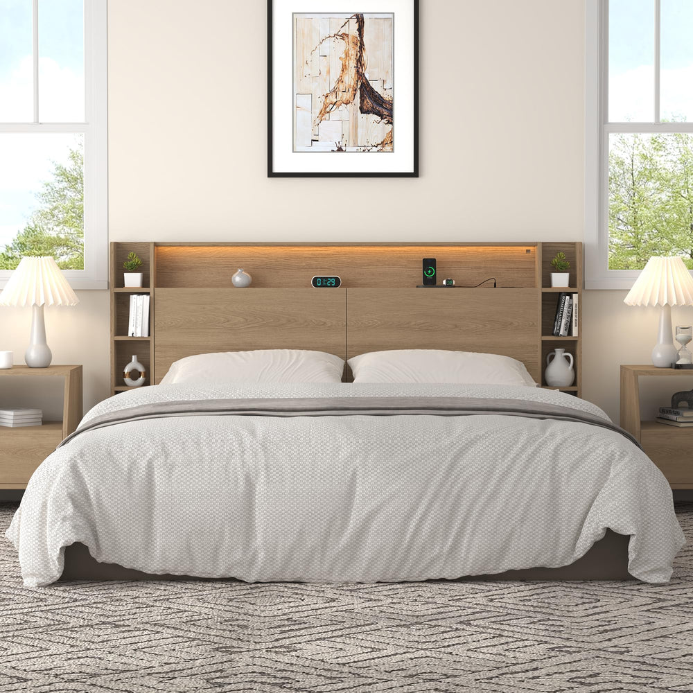 Headboard with Shelves, Charging Station & LED Light