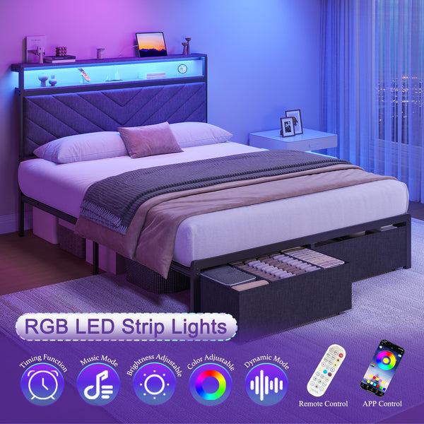 Upholstered Bed Frame with Storage Drawers, LED Lights & Charging Station