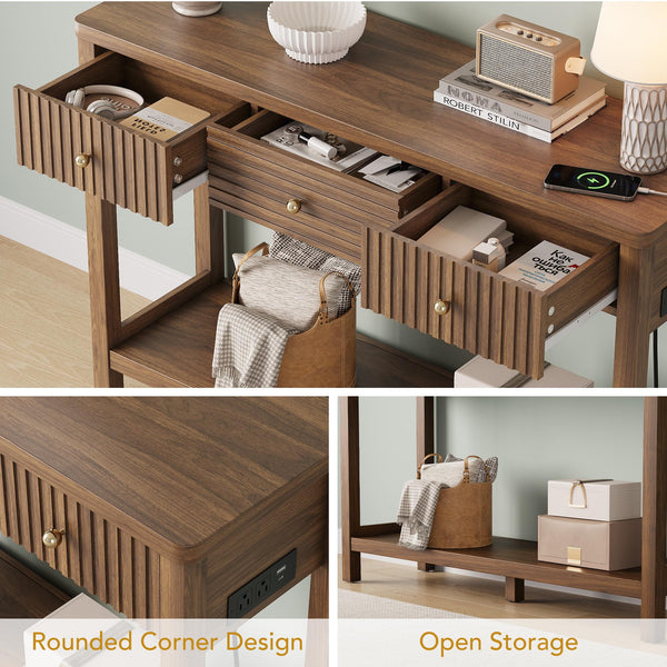 47-Inch Console Table with Charging Station, 3 Drawers & Open Shelf