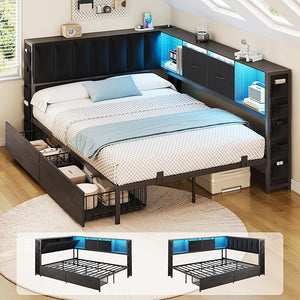 Twin Corner Bed Frame with Storage Headboard, LED Lights & Charging Station