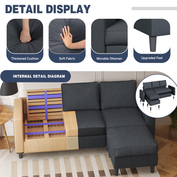 Shintenchi Modern Upholstered Sectional Sofa, L-Shaped Couch with Reversible Chaise for Living Room, New Corduroy Fabric
