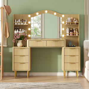 55" Fluted Makeup Vanity Desk with Mirror, LED Lights & Power Outlet