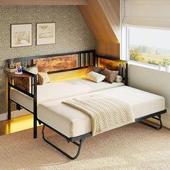 Metal Daybed with Trundle, LED Lights & Charging Station – Twin, 700 lbs