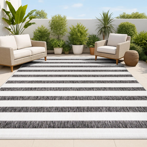 Indoor Outdoor Striped Area Rug 8x10 – Low Pile, Pet-Friendly, UV-Resistant