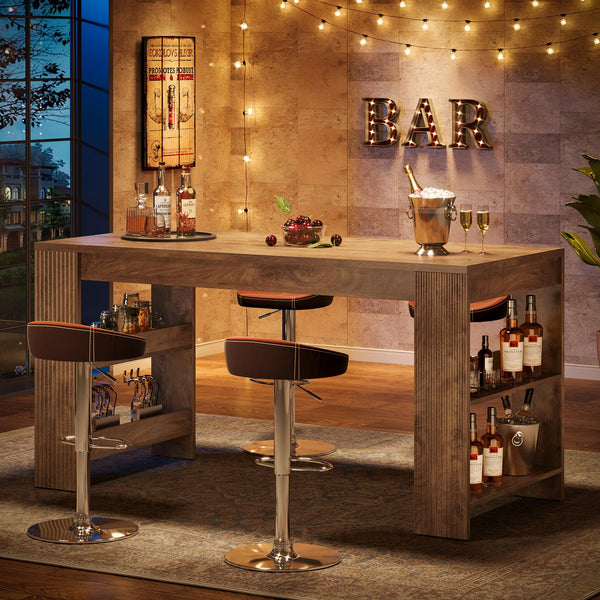 63-Inch Farmhouse Bar Table with Storage Shelves