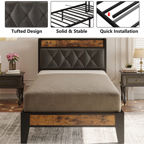Twin Size Upholstered Bed Frame with Storage & Power Outlets