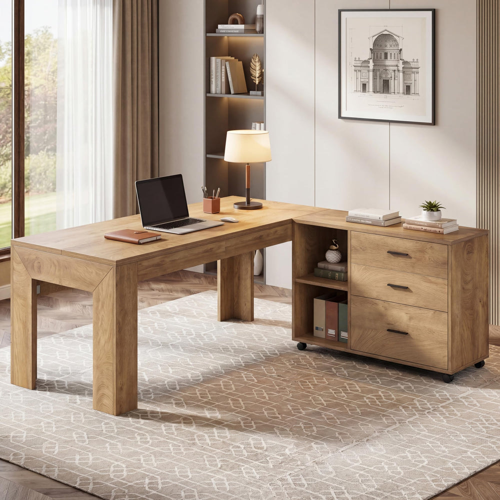 63" L-Shaped Office Desk with Drawers, Shelves & Rolling File Cabinet