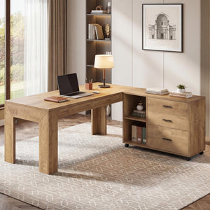 63" L-Shaped Office Desk with Drawers, Shelves & Rolling File Cabinet