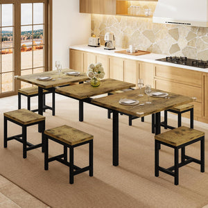 Extendable Dining Table Set with 6 Stools, Metal Frame & MDF, 63"