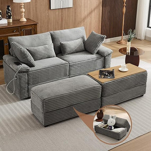 Corduroy Loveseat with Storage Ottomans & USB Port