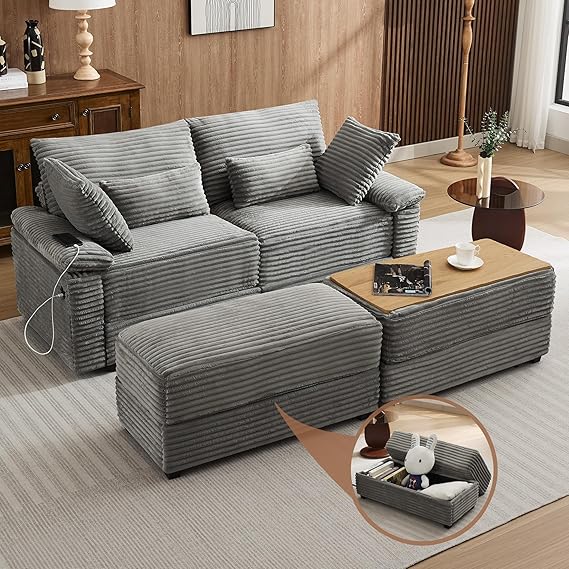 Corduroy Loveseat with Storage Ottomans & USB Port