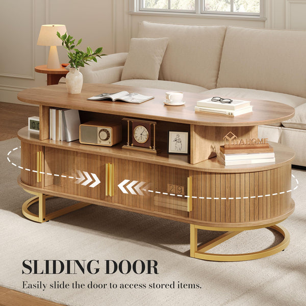 Oval Fluted Coffee Table with Sliding Door Storage & Gold Handles