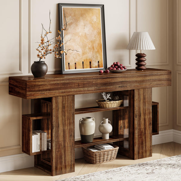 63" Farmhouse Console Table with 3-Tier Storage