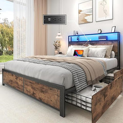Metal Platform Bed Frame with Storage Headboard, Drawers & LED