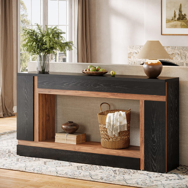 63-Inch 2-Tier Console Table – Black & Walnut