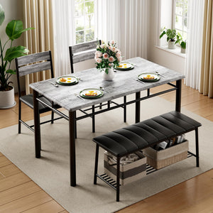 4-Piece Industrial Dining Table Set with Upholstered Bench and 2 Chairs