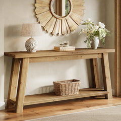 70.9" Solid Wood Console Table with 2-Tier Storage Shelf